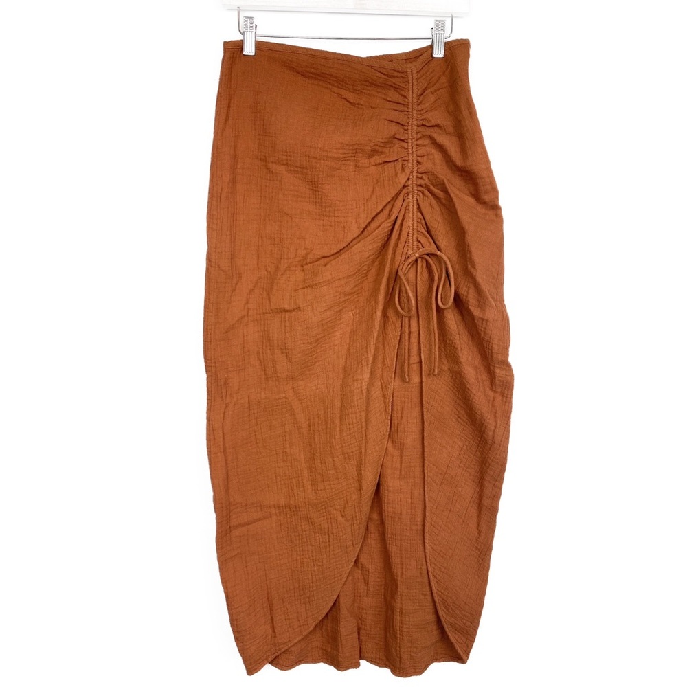 Free People Cotton Gauze Midi Skirt 6‎ Orange Natural Cerine Ruched High Waist - Picture 4 of 10